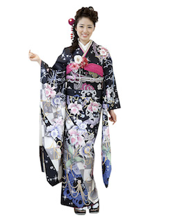 黒の振袖とシルバー色の成人式の振袖画像