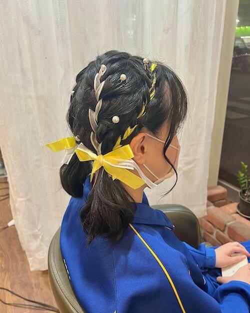 体育祭の髪型(ミディアム)：リボン編み込み